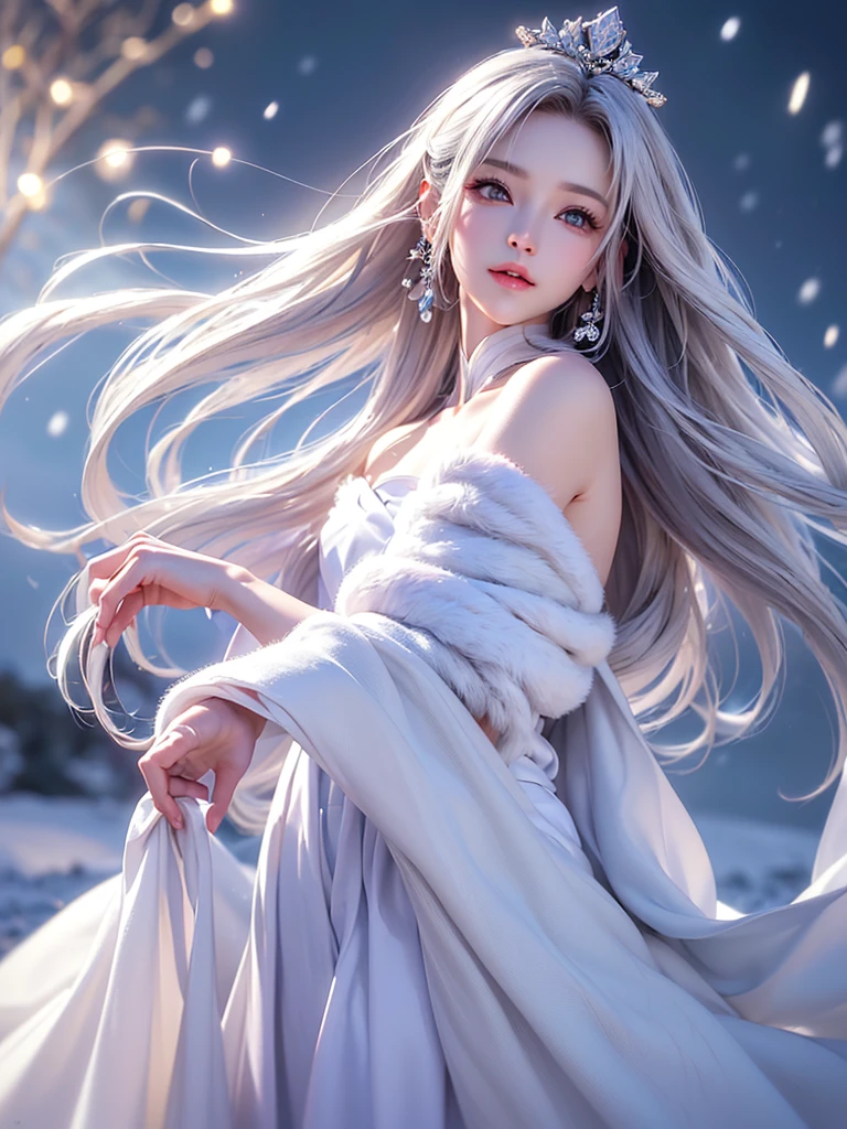 ((masterpiece:1.5、8k、Tabletop、フォトリアリスティックでVery detailedなCG、Very detailed、Particle Effects、Dynamic Effects、Written boundary depth、Cinematic Light、Lens flare、Ray Tracing、Tabletop、Realistic:1.4、Ultra-high resolution:1.2、Realistic、Realistic))((alone、,Woman wearing a white fur coat over an off-the-shoulder dress:1.4、Wear a long scarf、Elegant woman posing:、Detailed face、bright表情、young, bright, Whiter skin、Ample breasts、Best Looks、Ultimate beauty、Shiny silver hair with highlights、Bright and shiny hair,、Super long, Silky straight hair、Hair dancing in the wind))(morning、The setting is outdoors in the snow、Surrounded by illuminations)