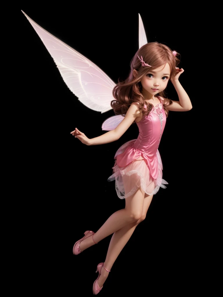 A beautiful fair-skinned fairy, with pink dress, with pink wings, long brown hair