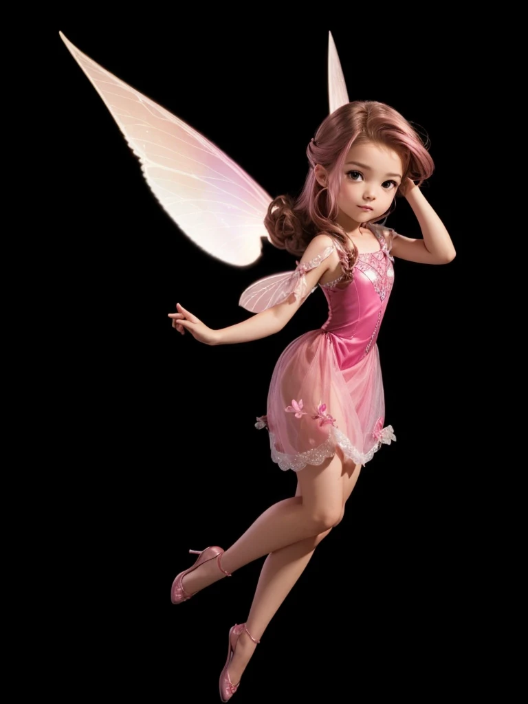 A beautiful fair-skinned fairy, with pink dress, with pink wings, long brown hair