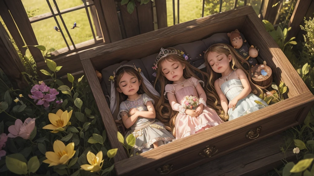 beautiful princess lying in a glass coffin, eyes closed, group of tiny dwarfs around, 6 little mole,  crying and standing looking at the princess, morning sun, birds, animals