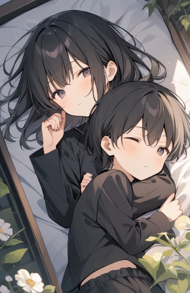 Black Hair,Dark Eyes,long,Sleeping,Black pajamas,Flowers bloom around the black and white