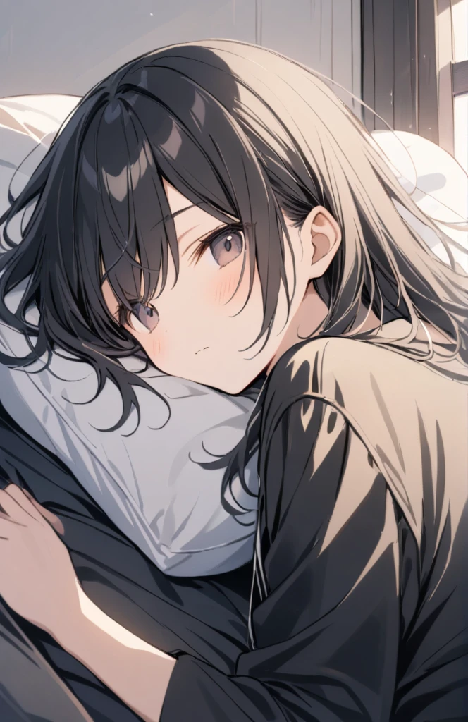 Black Hair,Dark Eyes,long,Sleeping,Black pajamas,Flowers bloom around the black and white