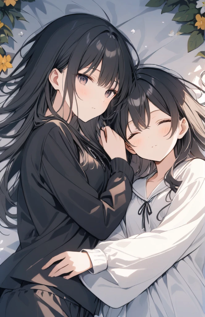 Black Hair,Dark Eyes,long,Sleeping,Black pajamas,Flowers bloom around the black and white