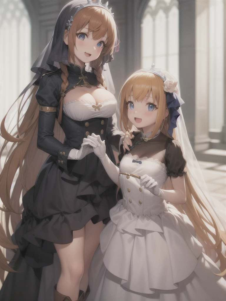 A girl,,Long hair, Bangs, Orange hair, Hair between the eyes, s eyes:(1.5), (Medium breasts:1.2) 锁骨, Wedding dress,veil,wedding,Black dress,Flowers,Black socks,Black knee socks,Black gloves,Long boots,Cleavage,
Looking adience, whole body, Open your mouth,lol,Standing,Standing,
indoors, church,permanent,permanent,微lol,With one eye closed,
rest (masterpiece:1.2), best quality, high resolution, 8k wallpaper, (illustration:0.8), (美丽细致s eyes:1.6), Extremely detailed face, Perfect lighting, Extremely detailed CG, (Perfect hands, Perfect anatomical structure),
