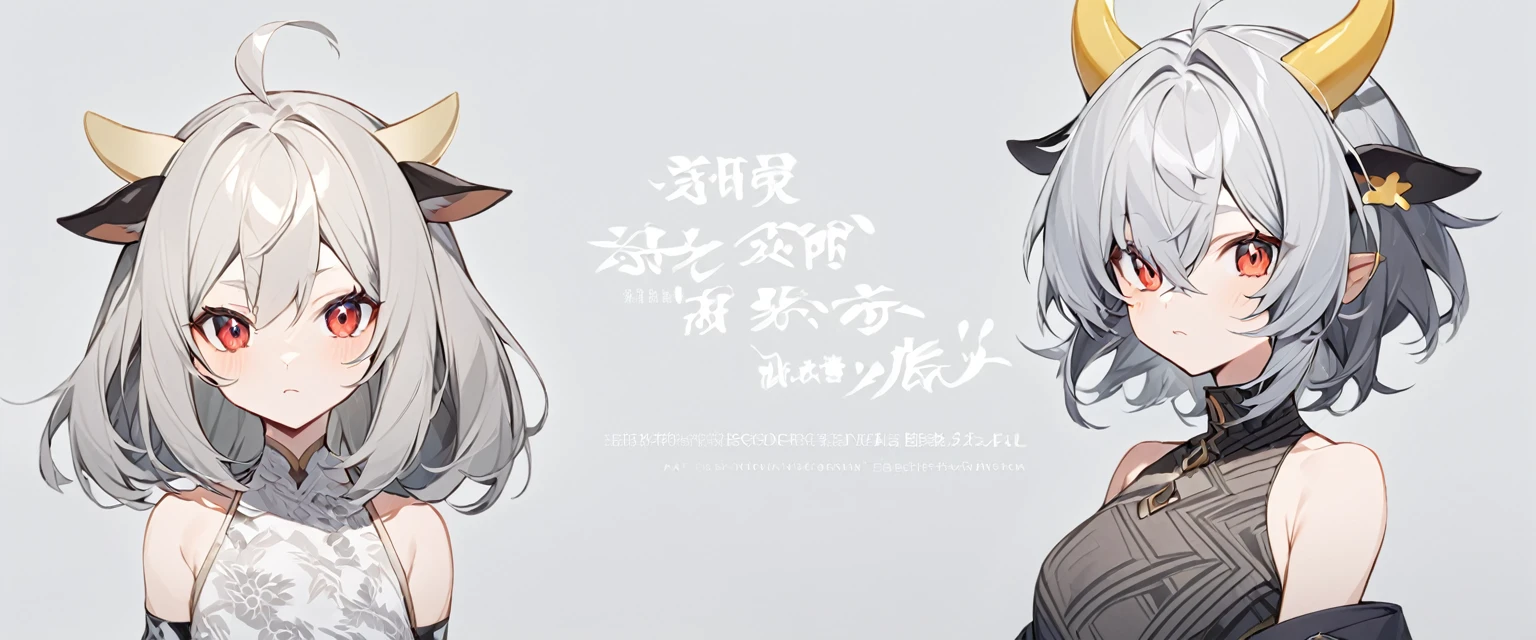 White-gray background, white background with gray patterns ,,yellow styleWith the inscription in the zh of "Miss Faina",A girl with short gray hair with dull yellow strands, bare shoulders, pointed cow ears, red eyes