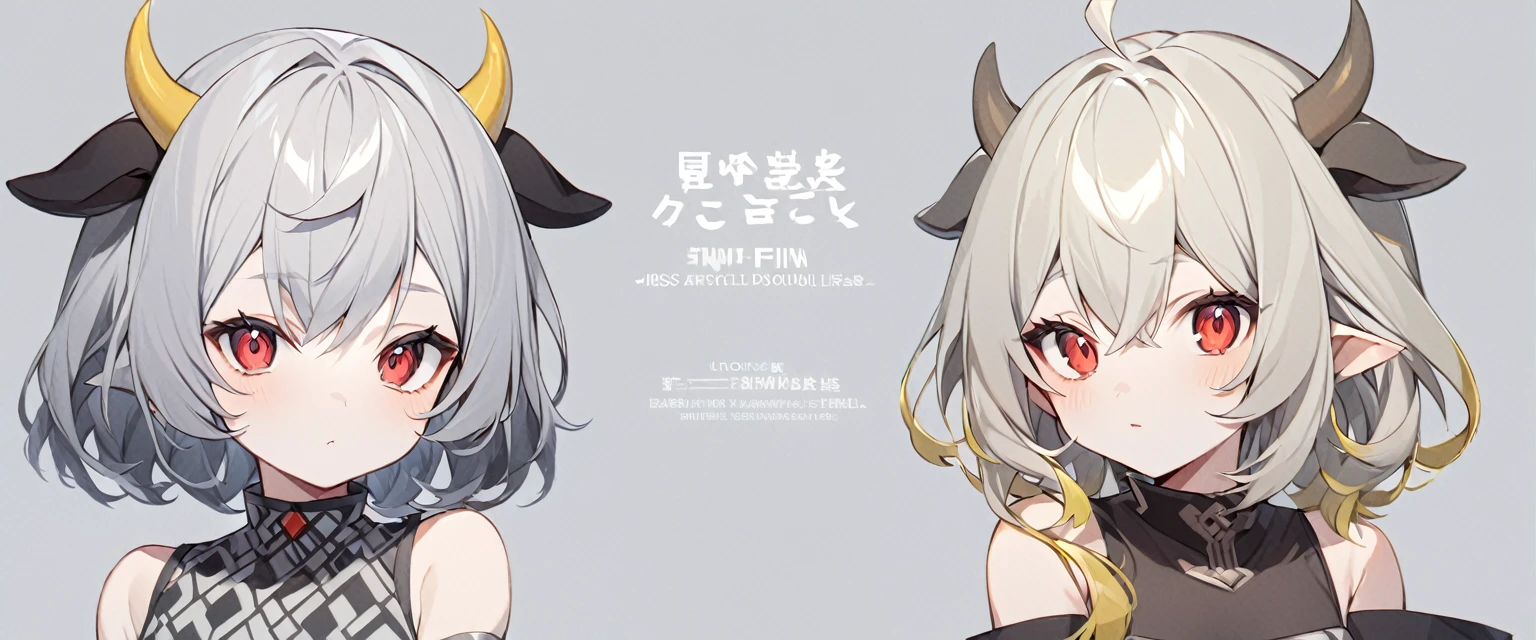 White-gray background, white background with gray patterns ,,yellow styleWith the inscription in the zh of "Miss Faina",A girl with short gray hair with dull yellow strands, bare shoulders, pointed cow ears, red eyes