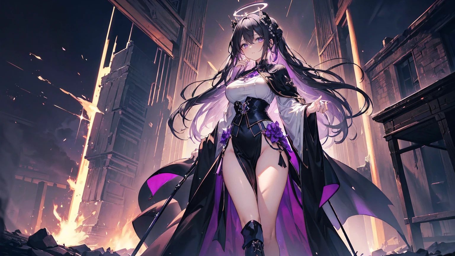 (Super detailed)),((illustration))，((masterpiece)),(((need))),((fine、Highest quality CG Unity 8K wallpapers，masterpiece），（（4K，masterpiece，best quality）），Black hair queen，Waist-length hair，Royal sister，Sexy，Long legs，Huge Breasts，Tall figure，Lilac eyes，Standing next to a coffin，mummy，全身缠着bandage，被bandage缠住四肢，bandage，Mature，Hair Bunch，Hair tied on both sides，Black and purple French vintage clothing，Gorgeous pure black cape，Black veil，Purple-white halo，Black purple boots，Wearing a crown on the head，Holding a knight&#39;s sword，pyramid，Emitting dim purple light，Brilliant palace，Mysterious symbols,individual，Emit a dim light，Full body picture