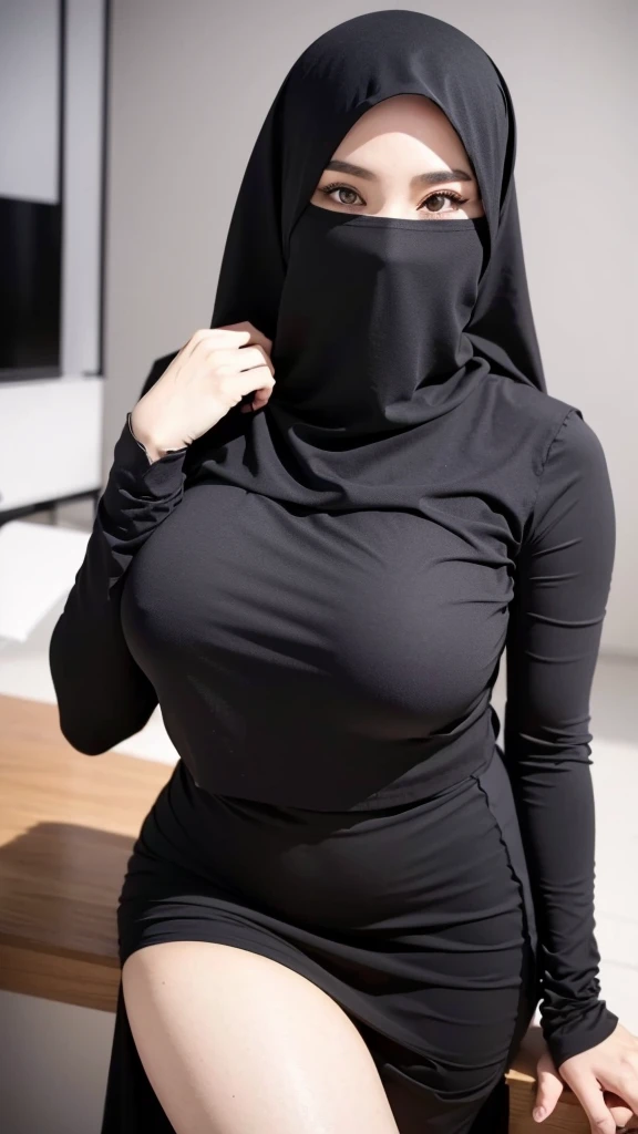 8K, high quality, nice lighting, soft lighting, realistic, dark eyes, sexy, big breasts, thighs, wide hips, muscular, malaysia, black dress, long sleeves, Jewelry, sexy lady, asian, hijab, niqab, sexy pose, in office, showing big thighs, nice body, natural largest breast, wearing wedding rings, hand sock, office girl