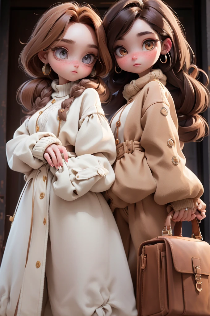 work of art, best qualityer, 8k, offcial art, cinematic light, ultra high resolution, sexly, mellow, 2girls , jewerly, aretes, cups, overskirt, long hair, duffel bag, looking ahead at viewer, hoop aretes, sweater, white sweater, chestnut hair, eyes browns, brown background, jaket, brown overskirt, sleeves past the wrists, high collar, long sleeves, containment, brown jaket, brown nails, handduffel bag