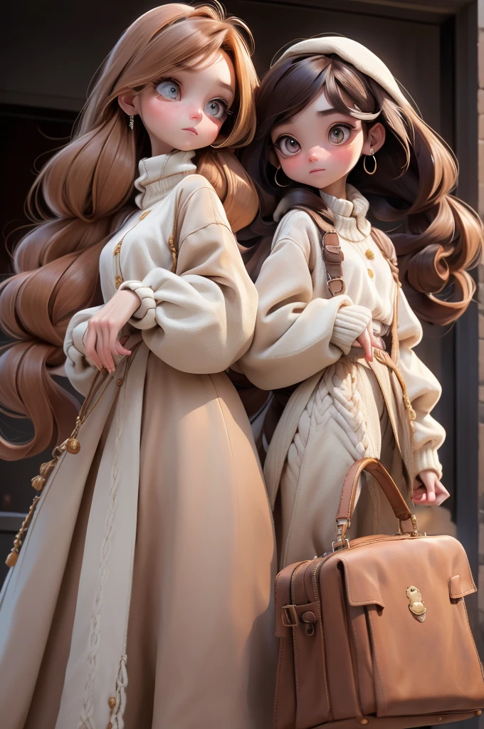 work of art, best qualityer, 8k, offcial art, cinematic light, ultra high resolution, sexly, mellow, 2girls , jewerly, aretes, cups, overskirt, long hair, duffel bag, looking ahead at viewer, hoop aretes, sweater, white sweater, chestnut hair, eyes browns, brown background, jaket, brown overskirt, sleeves past the wrists, high collar, long sleeves, containment, brown jaket, brown nails, handduffel bag