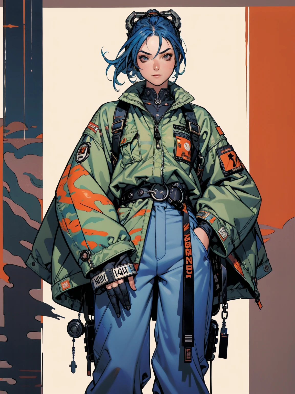 (best qualityer))), (((manga strokes))), (((blue hair with red highlights))), (((wide-leg trousers with desert military camouflage print))), uma Kizi jovem muito bem vestida com roupas modernas de inverno, pants with military camouflage pattern, top gift vertical stripes, short jacket with dark fur collar, beautiful and expressive face, slightly-smile, big eyes with long black eyelashes, heavy make-up, chains and zippers spread across clothes, contrasting colours, pose de atitude, hair with a modern and futuristic cut, urban game poster art, dramatic camera angles, graffiti art elements in the background, design mixing contemporary and retro by Shepard Fairey, (((cowboy shot))), (((best qualityer: 1.4))), (Unbeatable masterpiece), (hiper HD),(CG 8k hyper-realistic), Kizi, (((standing alone))), pirralha violent, (((14歳))), sexly, pose de atitude, work of art, post-apocalypse, (((manga style))), bounty hunter, violent, Manic, the way you want, slenderbody, thin but strong, perfectbody, roupa moderna, advanced technology, neon, sleeves with vertical striped pattern, neutral background, (( cowboy shot )). intricate visual