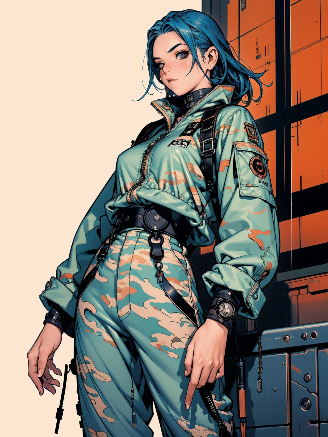 (best qualityer))), (((manga strokes))), (((blue hair with red highlights))), (((wide-leg trousers with desert military camouflage print))), uma Kizi jovem muito bem vestida com roupas modernas de inverno, pants with military camouflage pattern, top gift vertical stripes, short jacket with dark fur collar, beautiful and expressive face, slightly-smile, big eyes with long black eyelashes, heavy make-up, chains and zippers spread across clothes, contrasting colours, pose de atitude, hair with a modern and futuristic cut, urban game poster art, dramatic camera angles, graffiti art elements in the background, design mixing contemporary and retro by Shepard Fairey, (((cowboy shot))), (((best qualityer: 1.4))), (Unbeatable masterpiece), (hiper HD),(CG 8k hyper-realistic), Kizi, (((standing alone))), pirralha violent, ((())), sexly, pose de atitude, work of art, post-apocalypse, (((manga style))), bounty hunter, violent, Manic, the way you want, slenderbody, thin but strong, perfectbody, roupa moderna, advanced technology, neon, sleeves with vertical striped pattern, neutral background, (( cowboy shot )). intricate visual