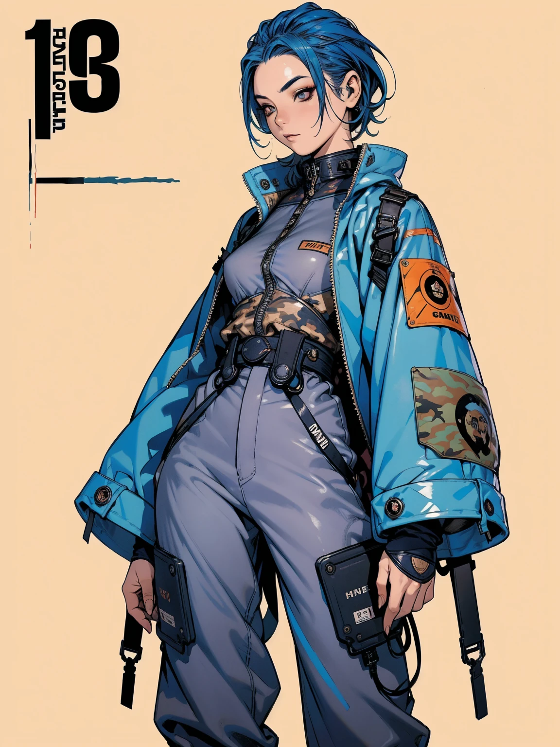 (best qualityer))), (((manga strokes))), (((blue hair with red highlights))), (((wide-leg trousers with desert military camouflage print))), uma Kizi jovem muito bem vestida com roupas modernas de inverno, pants with military camouflage pattern, top gift vertical stripes, short jacket with dark fur collar, beautiful and expressive face, slightly-smile, big eyes with long black eyelashes, heavy make-up, chains and zippers spread across clothes, contrasting colours, pose de atitude, hair with a modern and futuristic cut, urban game poster art, dramatic camera angles, graffiti art elements in the background, design mixing contemporary and retro by Shepard Fairey, (((cowboy shot))), (((best qualityer: 1.4))), (Unbeatable masterpiece), (hiper HD),(CG 8k hyper-realistic), Kizi, (((standing alone))), pirralha violent, (((14歳))), sexly, pose de atitude, work of art, post-apocalypse, (((manga style))), bounty hunter, violent, Manic, the way you want, slenderbody, thin but strong, perfectbody, roupa moderna, advanced technology, neon, sleeves with vertical striped pattern, neutral background, (( cowboy shot )). intricate visual