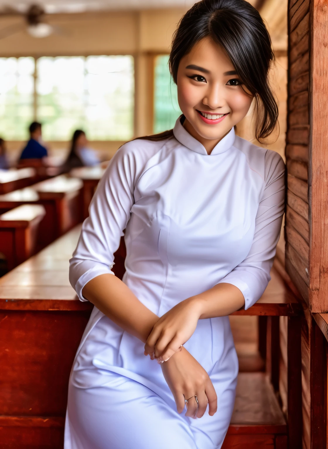 Raw photo , 1 girl ,Wearing transparent white traditional uniform, Vietnam school girl , black hair , professional photographer, (hdr:1.4), masterpiece, ultra-realistic 8k, perfect artwork, intricate details, cute face, award winning photograph, (Best quality, 8k, 32k, Masterpiece, UHD:1.3) ,