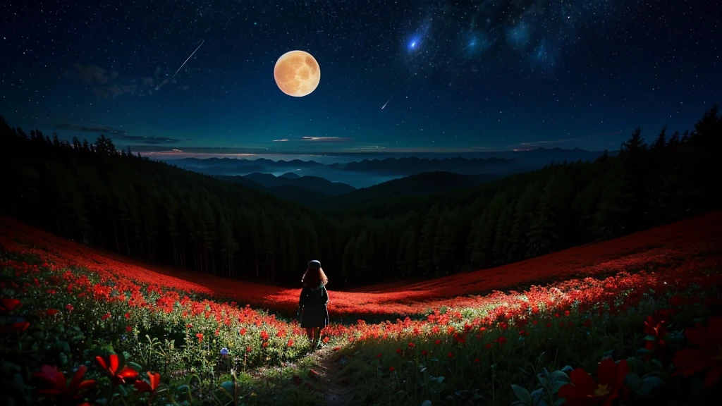 Vast landscape photography, (View from below。I can see the sky and the wilderness below.),  A girl standing in a flower field looking up, (full moon: 1.2), (meteor: 0.9), (Star Cloud: 1.3), Fir Mountain, Treebreak Production Art, (warm ...