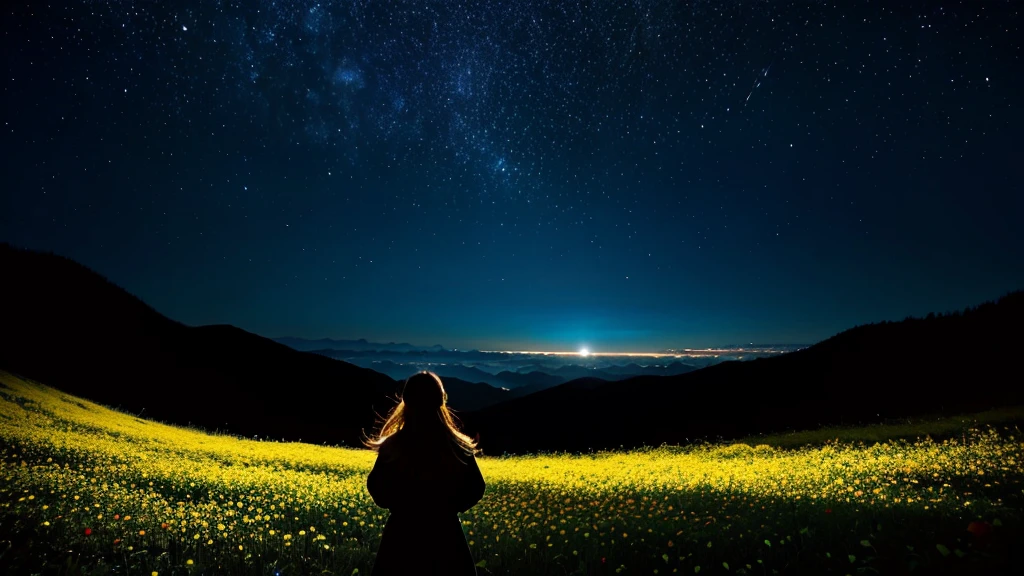 Vast landscape photography, (View from below。I can see the sky and the wilderness below.),  A girl standing in a flower field looking up, (full moon: 1.2), (meteor: 0.9), (Star Cloud: 1.3), Fir Mountain, Treebreak Production Art, (warm ...