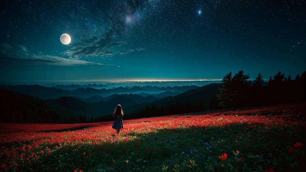 Vast landscape photography, (View from below。I can see the sky and the wilderness below.),  A girl standing in a flower field looking up, (full moon: 1.2), (meteor: 0.9), (Star Cloud: 1.3), Fir Mountain, Treebreak Production Art, (warm ...