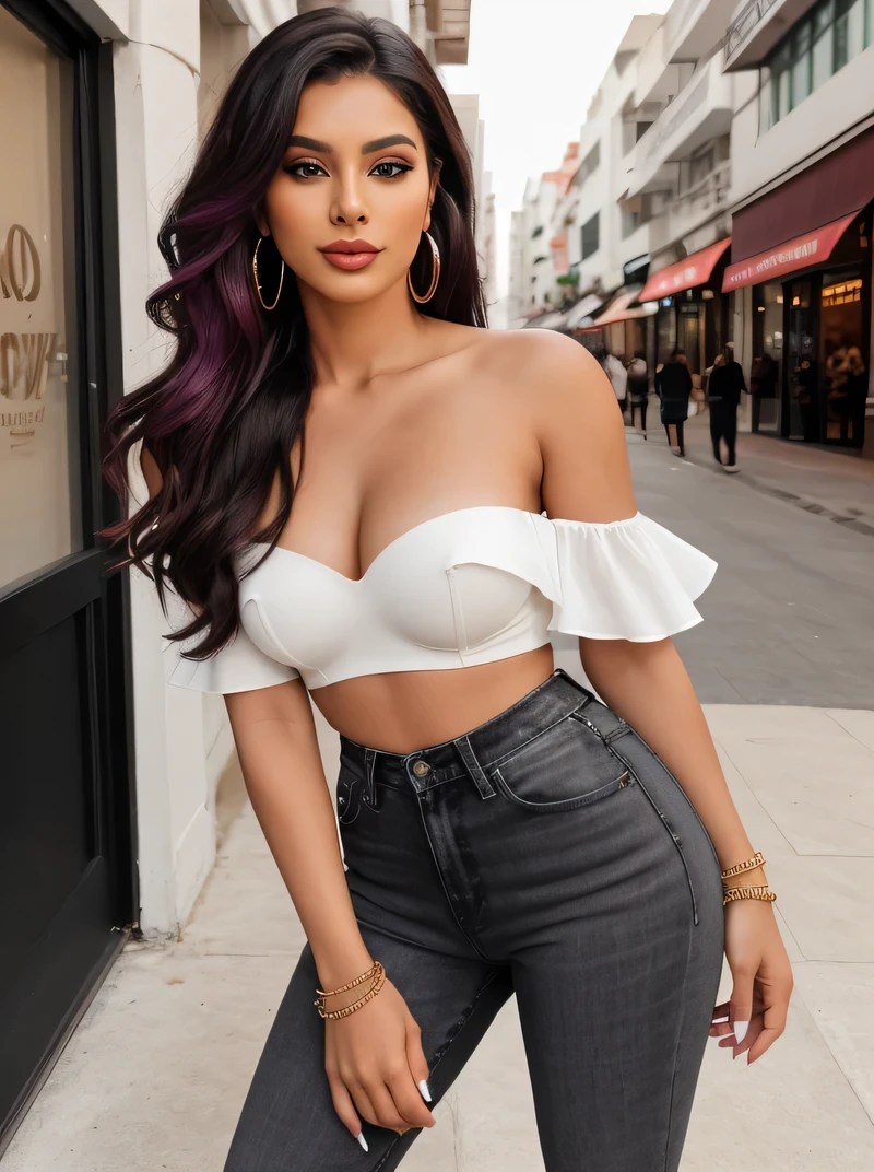 Create an ultra-realistic image of a modern, attractive female influencer of Indian descent, aged between 27 to 30. She should have a warm and inviting smile, expressive almond-shaped eyes with a slight shimmer, and clear, glowing skin with a medium brown complexion. Her features should be well-defined, with high cheekbones and a sharp jawline. Her hair should be long, thick, and wavy, with a deep, reddish-purple hue that’s bold yet sophisticated, styled in loose waves.
She should have a slender yet athletic build with an increased bust size (approximately 44-46 inches), and a more pronounced big butt size, reflecting a healthy and active lifestyle. She is wearing an off-shoulder transparent bra top, such that their nipple visible, their bra must be too transparent such that their nipples visible over bra and high-waisted black skinny jeans that accentuate her toned figure and complement her curves. Her outfit is completed with stylish black heeled sandals that add elegance to her look. She accessorizes with subtle yet chic jewelry, such as small hoop earrings and a few thin bangles.
The background should feature an upscale shopping district with boutiques, enhancing the cosmopolitan feel. Her overall appearance should exude confidence, approachability, and sophistication, capturing the essence of a contemporary Indian fashion influencer.