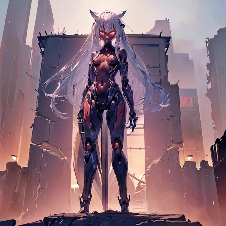 (Fox Girl, Fox Ears, Silver Hair, Fox Makeup, One Girl, Long Hair, Alone on the screen, dark skin, High definition, high resolution:1.6), (mecha musume, Machinery Parts,Robot Joints, White and red clothes, face以outside全身機械スーツ:1.8), (Body measurements are 75-60-75!, Young girl body, Small breasts, Proudly, Standing posture, slender, muscle:1.9), Avatar, face, 色っぽいface, Dominant representation, naughty face, Uplifting, Skin Texture, outside, ruins, Ruined City, Broken Building, There are no people