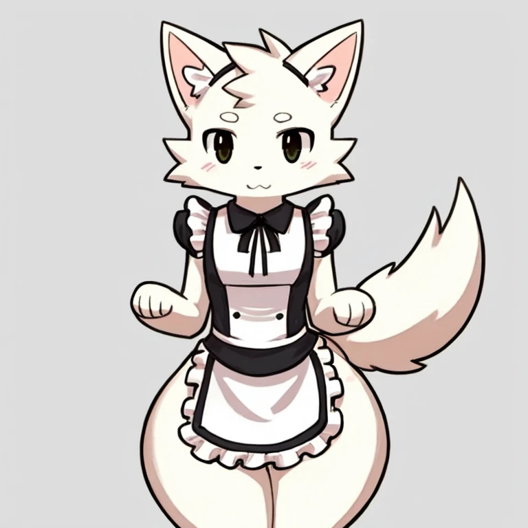 White fur, Wolf, anthro, furry, 独奏, simple art ,cute,( wide hips:1.2) ,full body, Maid costume，