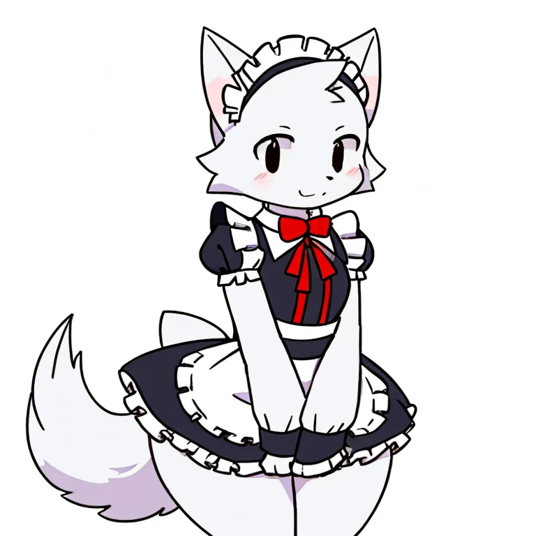 White fur, Wolf, anthro, furry, 独奏, simple art ,cute,( wide hips:1.2) ,full body, Maid costume,