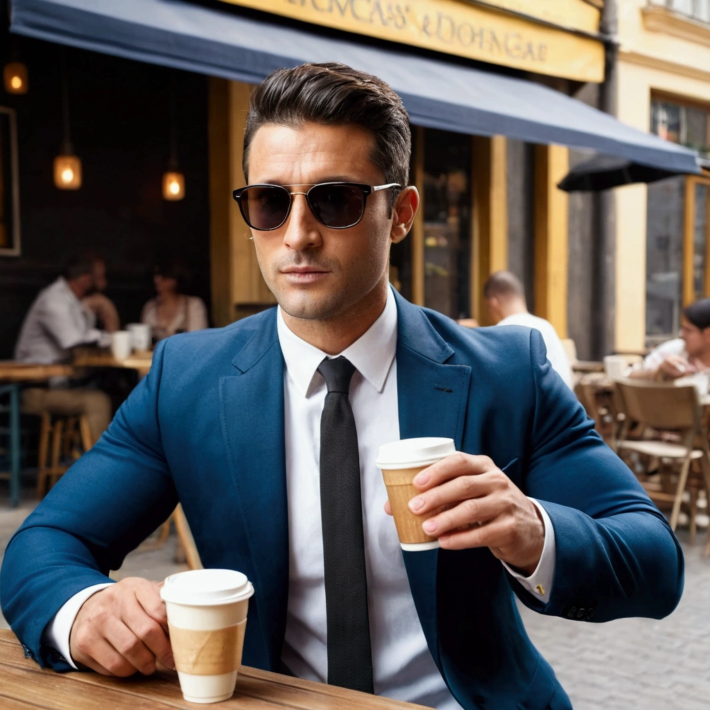 An attractive athletic man in his 30s with short dark hair., wearing a suit, black sunglasses, and fine stubble, sits in a street cafe and drinks coffee.