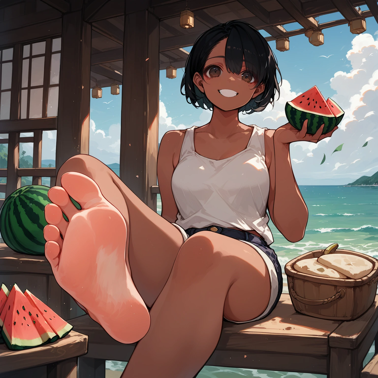score_9, score_8_up, score_7_up, source_anime, high res image, masterpiece, best quality, 1 girl, Brown skin, shiny hair, ultra detailed eyes, eye highlights, short hair, black hair, brown eyes, white tank top, short shorts, smile,foot focus、 (eating watermelon:1.1), holding watermelon with both hands, verandah, japanese home, sitting, cetus,ocean in the distance