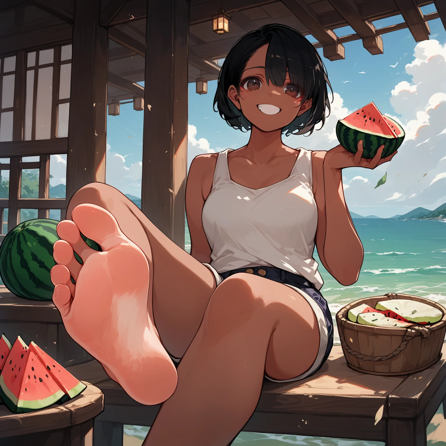 score_9, score_8_up, score_7_up, source_anime, high res image, masterpiece, best quality, 1 girl, Brown skin, shiny hair, ultra detailed eyes, eye highlights, short hair, black hair, brown eyes, white tank top, short shorts, smile,foot focus、 (eating watermelon:1.1), holding watermelon with both hands, verandah, japanese home, sitting, cetus,ocean in the distance