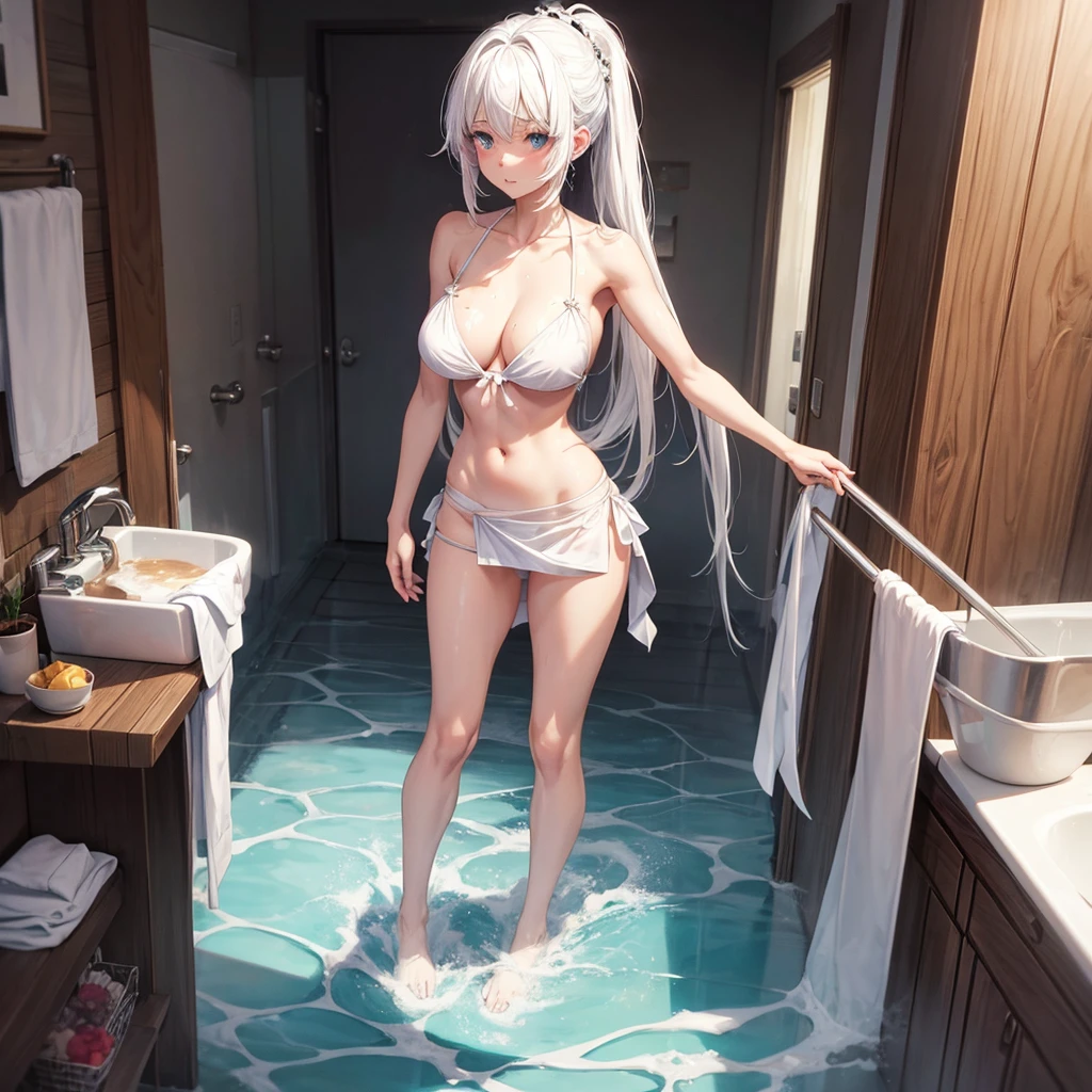 A anime girl, in bathing cloth, white hair, slim girl, nice big chests, standing, about to take bath.