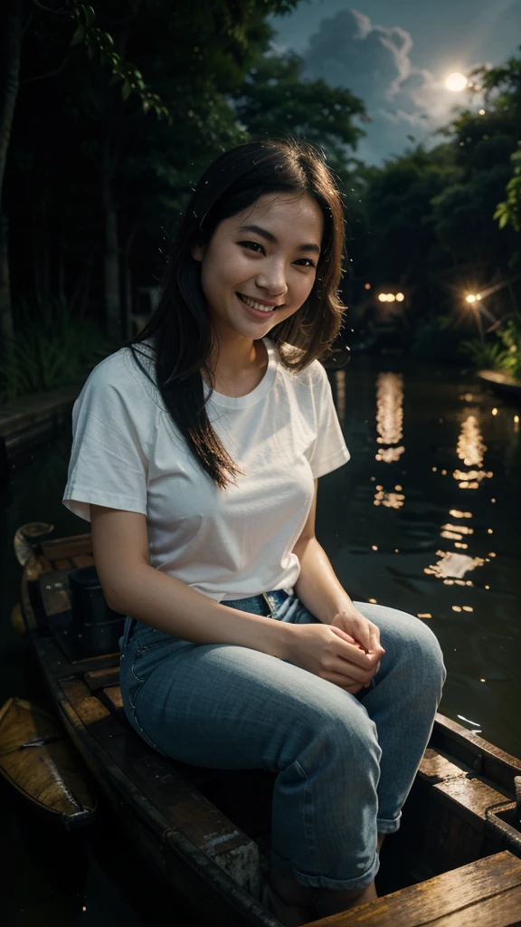 A beautiful woman with smooth white skin, Asian, laughing, cheerful, happy, wearing a white t-shirt, blue jeans, carrying a large camera, looking expensive, sitting on an old wooden boat. Watch fireflies in the canal at night. Fireflies are insects that glow. Fly low. Dim moonlight filters through the clouds. Soft moonlight. A dark night. Thick, black clouds. Only the fireflies glow slightly. that fly back and forth to that area There is a reflection in the water. In a canal with calm water like a mirror, Thai landscape, 32K high resolution. 