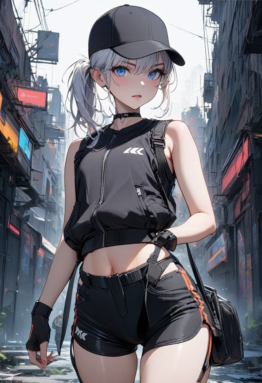 Young girl white hair single ponytail sports girl blue eyes cyberpunk black vest shorts high quality masterpiece black hat