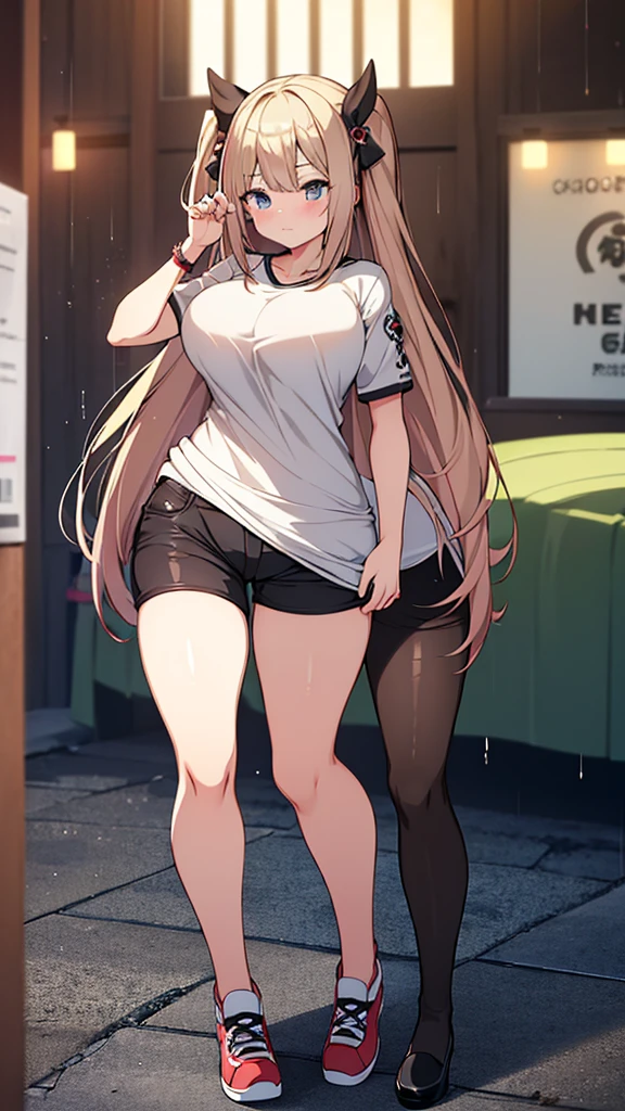 Full body image, front, two girl, twins, 18-year-old, Mix 4, (32K, RAW Photos, Highest quality, masterpiece:1.2), (Anime-like, photoAnime-like:1.37), cute, Casual wear, Short sleeve T-shirt,Shorts,Black knee socks, night, rain, Humidity, Professional Lighting, Photon Mapping, Radio City, Physically Based Rendering, Super Resolution, (Big Breasts:1.2), {{The biological weapon that had preyed on the 双子のyounger sister took her place and reunited with the older brother, The rebellious little sister has become the obedient little sister}}, Girl Skull, whole body, NSFW