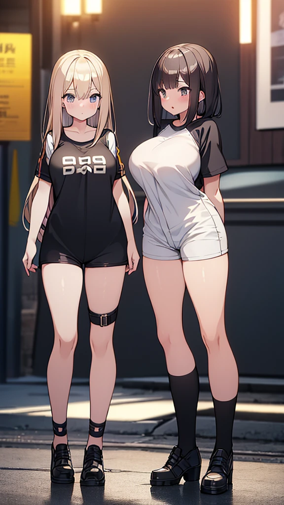 Full body image, front, two girl, twins, 18-year-old, Mix 4, (32K, RAW Photos, Highest quality, masterpiece:1.2), (Anime-like, photoAnime-like:1.37), cute, Casual wear, Short sleeve T-shirt,Shorts,Black knee socks, night, rain, Humidity, Professional Lighting, Photon Mapping, Radio City, Physically Based Rendering, Super Resolution, (Big Breasts:1.2), {{The biological weapon that had preyed on the 双子のyounger sister took her place and reunited with the older brother, The rebellious  sister has become the obedient little sister}}, Girl Skull, whole body, NSFW