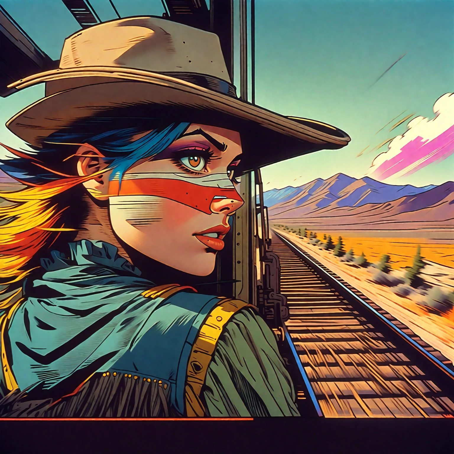 Tank Girl, riding the rear brakeman's end of the caboose, outfit distinct homage to cobow western, (jamie hewlett style reference), upclose zoom, portrait, candid, close-up of face, hand drawn, cartoon, animated, 1990's comic, (full roygbiv color) ink charcoal expressive illustration, sense of movement and energy as the train rides through the sierra ranges, background the western plains in the distance, no light source, darkness, light mask uv rays across face, absurd, with rich color grading, cel shading, warm and unified colors, rotoscope, animated, VHS, glitch, distorted, nostalgia, 90's retro vibe, hyper maximal, strange, hyperrealistic, rotoscope expressive ink bold line hand drawn, in a cinematic style, analog tape, vcr aesthetics, tv, television, hand drawn, minimal, precise,