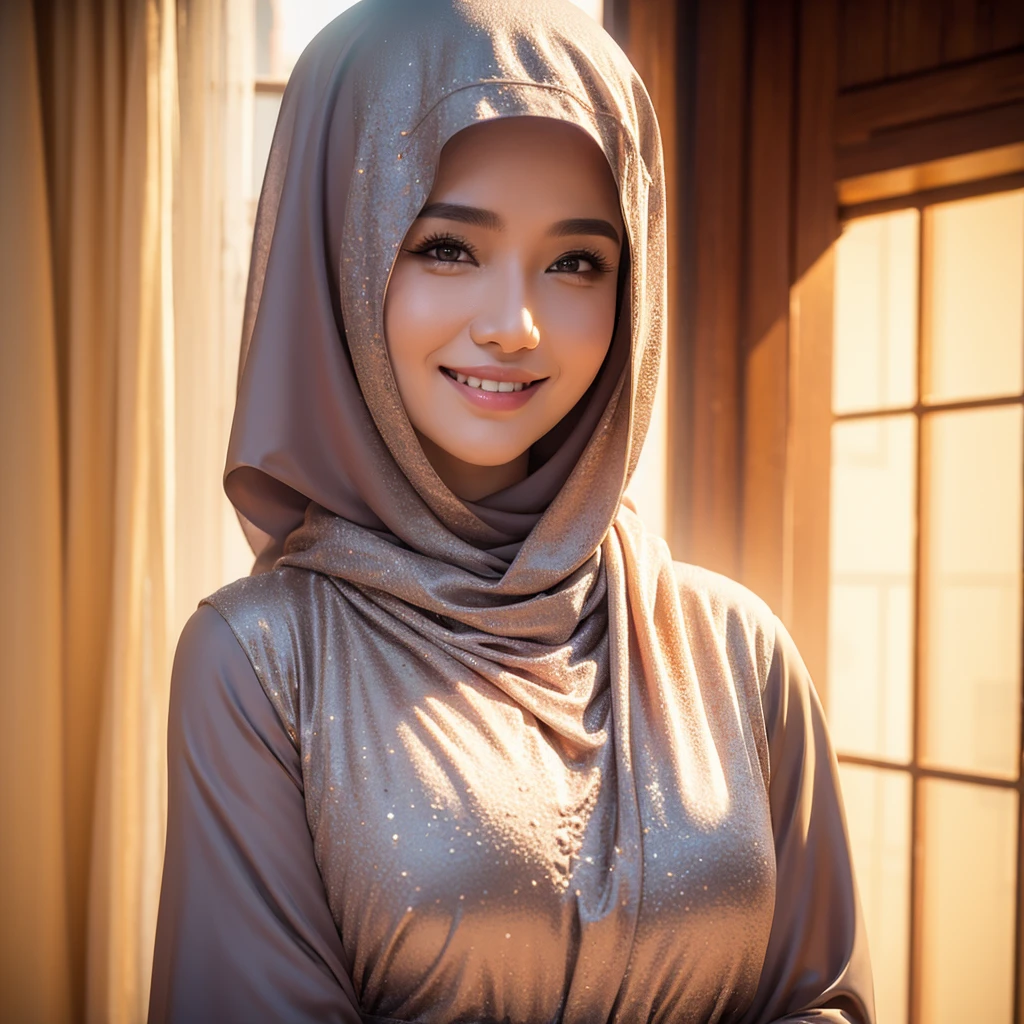 gorgeous 42 year old Indonesian woman, 1girl, silk abaya, hijab, smiling shyly visible teeth, hot mom, portrait, best quality, 4k, 8k, highres, masterpiece, ultra-detailed, realistic, photorealistic, photo-realistic, HDR, UHD, studio lighting, ultra-fine painting, sharp focus, physically-based rendering, extreme detail description, professional, vivid colors, bokeh, portraits, warm color tones, dramatic lighting
