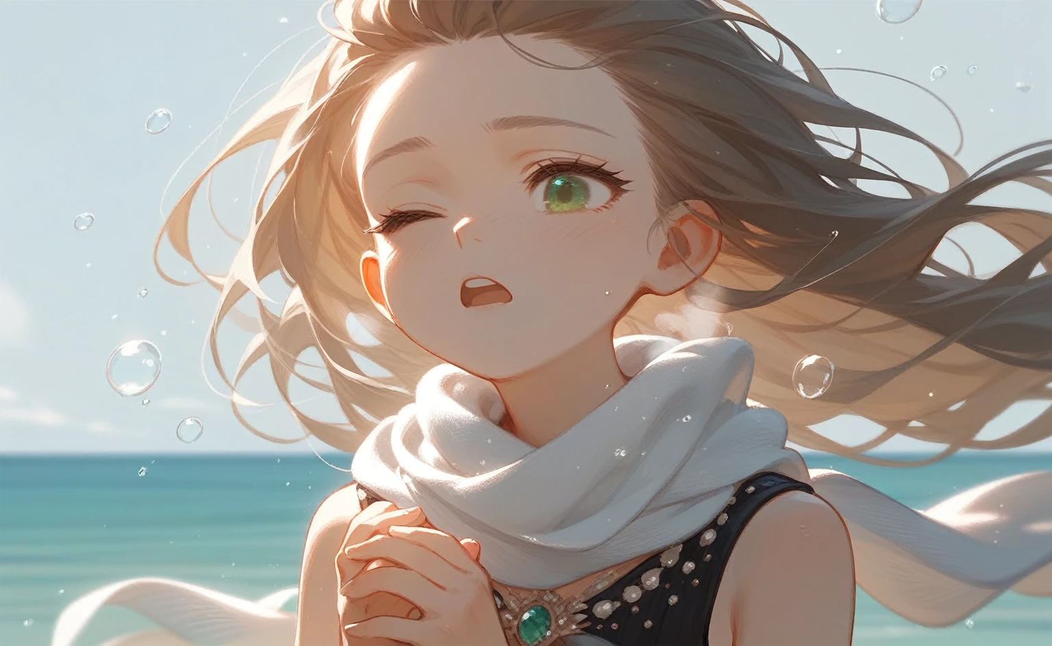 1Young girl,Dark brown long hair,Elegant scarf,green Eyes,Close one eye,Gray windbreaker,barefoot,Deep in the sea,Drowning bubbles at mouth,Heavy breathing,Reach your hands upward,Hand focus
