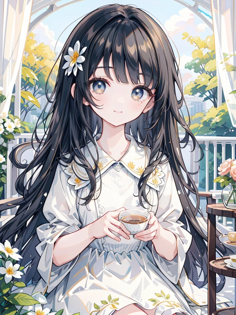 (masterpiece),(top-quality),(ultra-detailed),(high resolution),(in 8K animation),(beautifull detailed face),(beatiful detailed eyes),(anatomically correct),(Keep your head small),1girl,black hair,wavy hair,(round big eyes),blunt bangs,[lavender eyes:(gold eyes):0.55],gently smile,white dress,(flower garden),soft sunlight,tea party