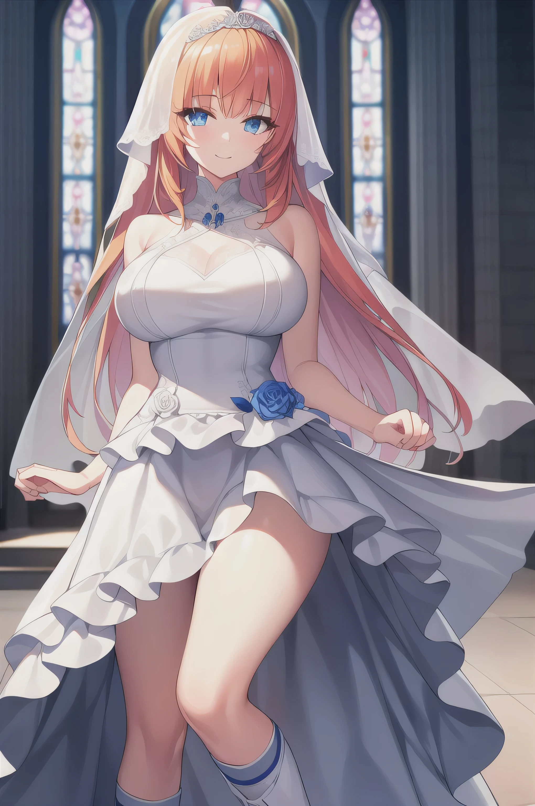 A girl，Long hair, bangs, Orange Hair, Hair between the eyes, Blue eyes:（1.5),  (?????????????:1.2), 
rest clavicle, Wedding dress，veil，wedding，White Dress，Flowers，The skirt is broken，White socks，dress，White knee socks，Boots looking at the audience, whole body,Smile，Open your mouth，
indoors, church，permanent，permanent，upright，Combat power，Flowers，
rest (masterpiece:1.2), best quality, high resolution, Unity 8K wallpaper, (illustration:0.8), (Beautiful and delicate eyes:1.6), Extremely detailed face, Perfect lighting, Extremely detailed CG, (Perfect hands, Perfect anatomical structure),