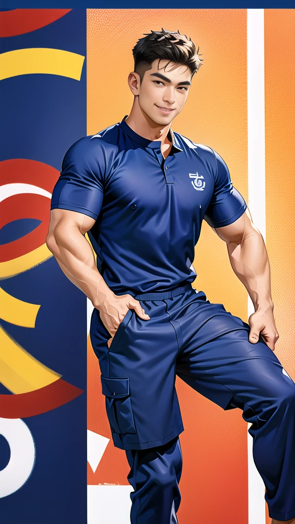 1 man, smile, (wearing navy clothes, round neck, short sleeve football shirt.), Navy cargo pants, Korean guy , korean men, (High gloss details), chest muscles, Big arm muscles, blood vessel, big muscles, Broad shoulders, looking at the audience, Balancing the eyes, (Make eye contact), sports stadium, football