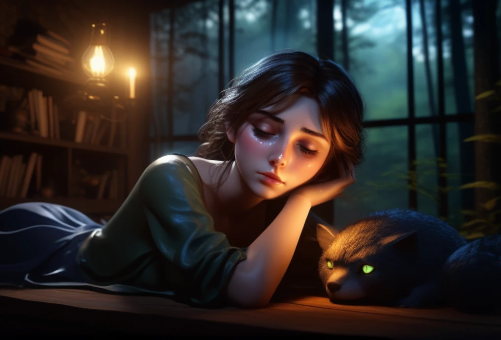 3D anime
a young woman
sleepy smoky eyes beautiful ,
cozy, lying in a room with a view of a forest
dark art , dim light, rim light, dark shadows, dramatic lighting,