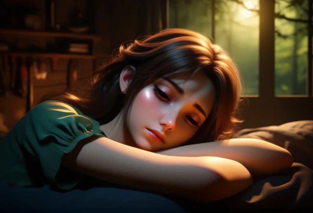 3D anime
a young woman
sleepy smoky eyes beautiful ,
cozy, lying in a room with a view of a forest
dark art , dim light, rim light, dark shadows, dramatic lighting,