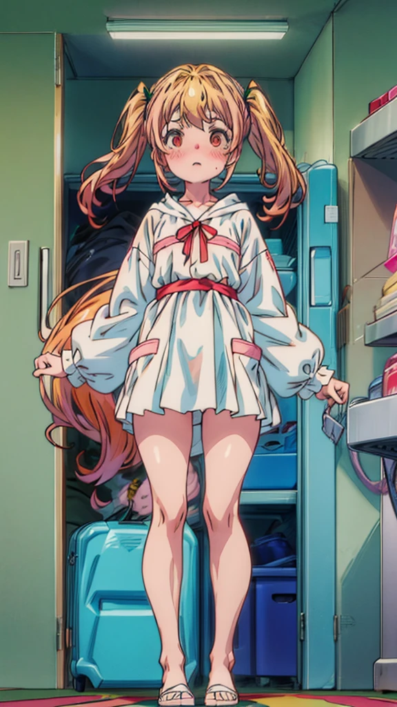 ((masterpiece))((Highest quality))girl、blush、Flat Chest、Are thin、Blonde Hair、blush、Are standing、Whole body image、Eye level on face、、No background、Hair is two colors、Twin tails、Red Eyes、Two-tone red and yellow hair、Completely naked、Greeting with pussy、Spread your pussy、Even your feet are visible、Enters the whole body