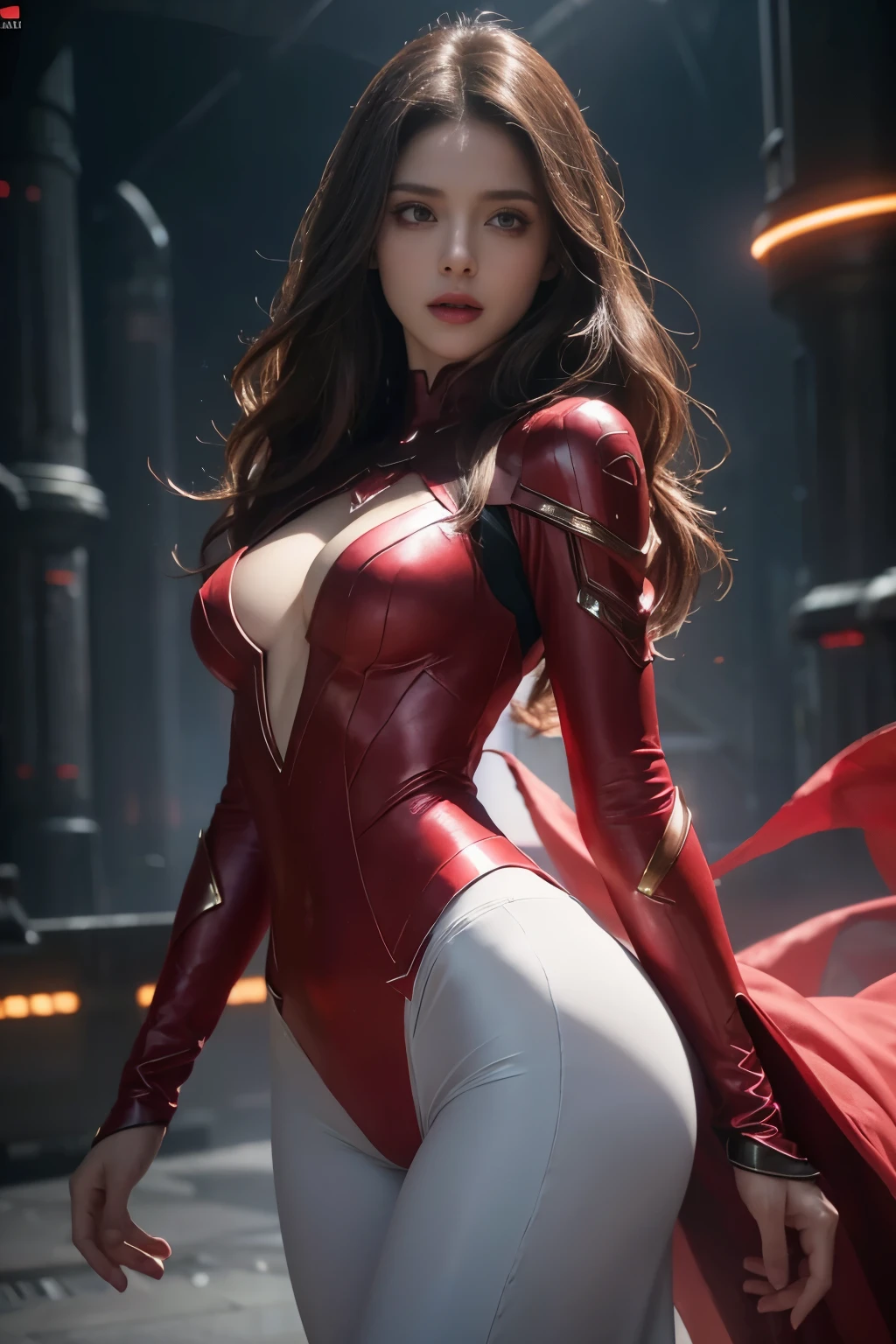 A beautiful woman, long pants, red scarlet witch-inspired outfit, cinematic sci-fi battlefield scene, highly detailed face, beautiful eyes, full lips, long eyelashes, seamless body proportions, intricate costume details, advanced lighting, dramatic atmosphere, vibrant colors, volumetric fog, advanced environmental textures, photorealistic, 8k, best quality, cinematic lighting, masterpiece