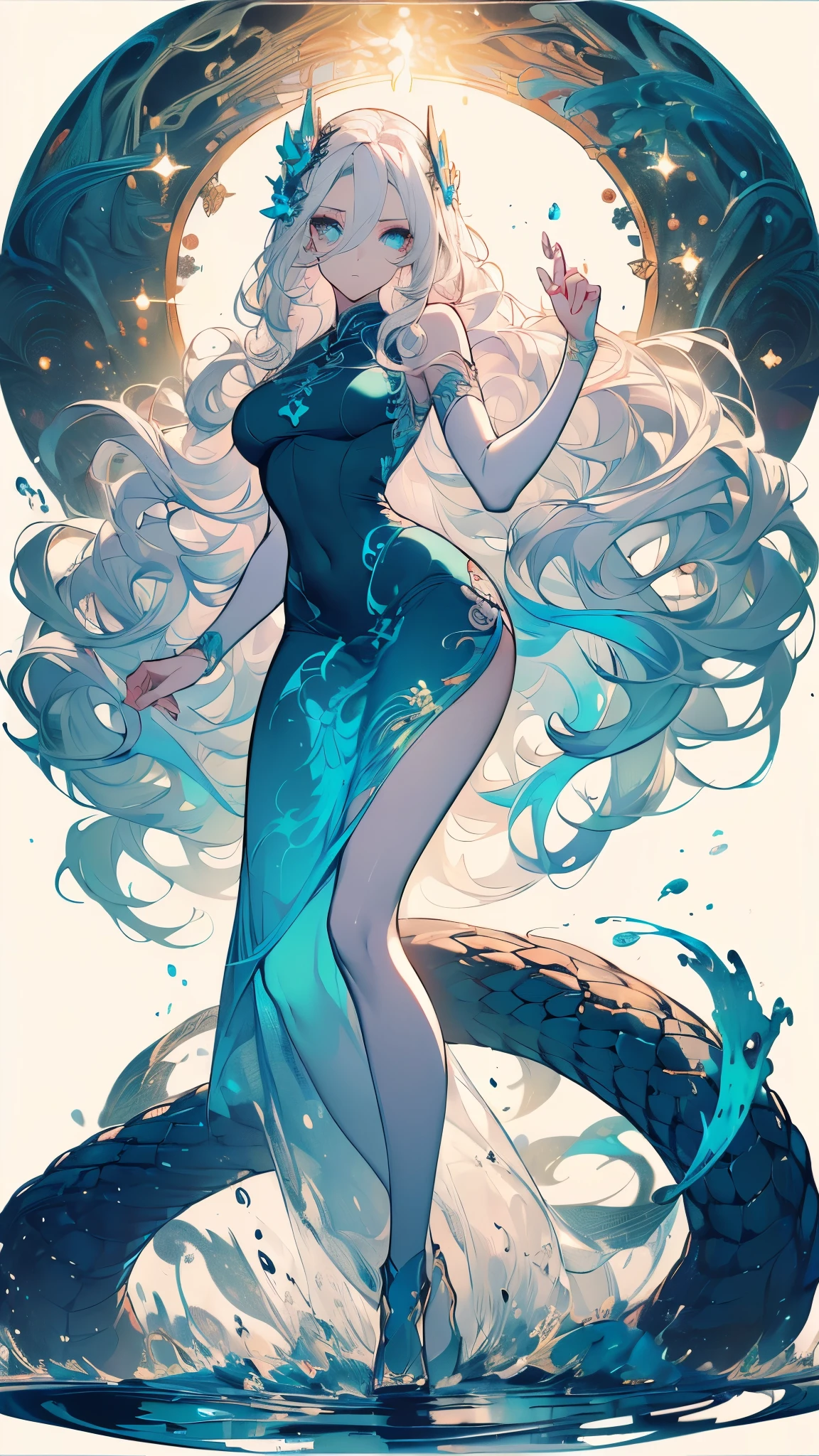 ((masterpiece, best quality)), Delicate face,Snake Woman,Full body painting,Perfect body proportions,Long legs,((Long wavy hair)), ((Half of her hair is white,The other half is cyan,Available in two colors)),beautiful eyes,Fantasy style,White background,transparent,cheongsam,Lace,