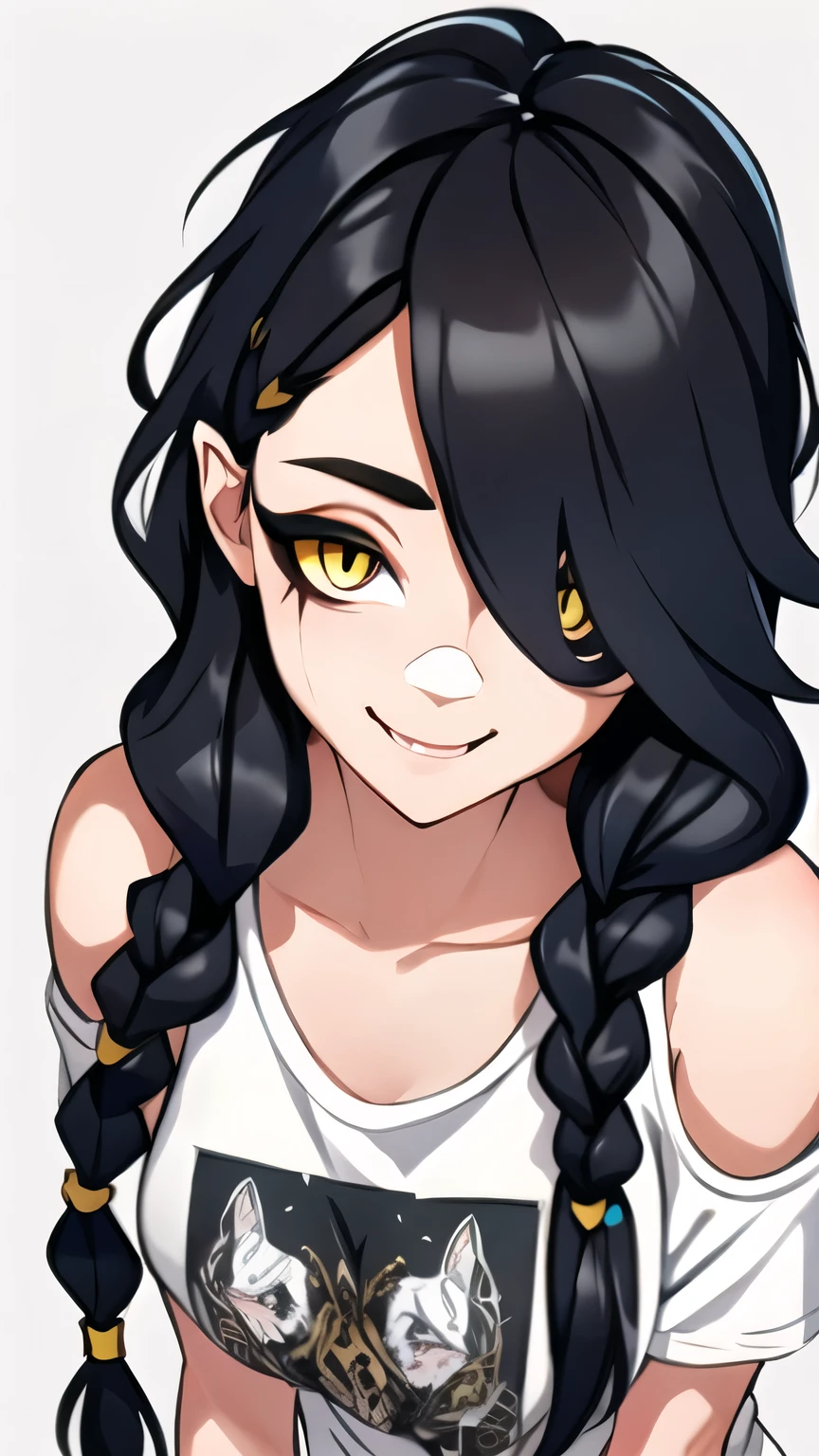 1girl, solo,  ultra long hair, looking at viewer, black hair, bandaid on face, yellow eyes, smile, bandaid on nose, braid, bandaid, ultra detailed face, masterpiece, bangs, breasts, fang, bare shoulders, scar, teeth, shirt, bare shoulders, white shirt, short sleeves, closed mouth, t-shirt, hair over one eye, portrait, bag, hair over shoulder, shorts, fullbody shot, cute, messy hair