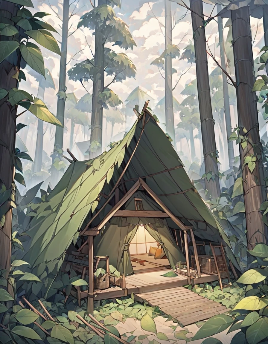background, outside, cloudy, leaf house, forest,cloudy weather, no house, just a roof made of leaves, sticks, a tent made of leaves