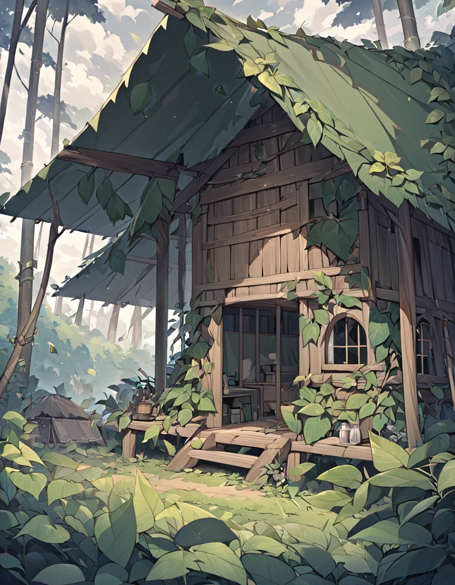 background, outside, cloudy, leaf house, forest,cloudy weather, no house, just a roof made of leaves, sticks, a tent made of leaves