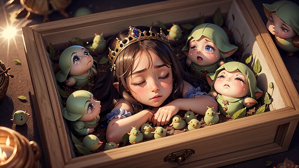 beautiful princess lying in a glass coffin, eyes closed, group of tiny dwarfs around, 6 little mole,  crying and standing looking at the princess, morning sun, birds, animals
