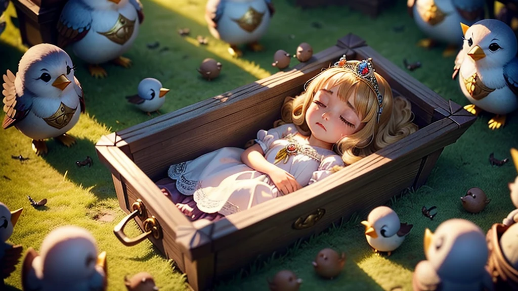 beautiful princess lying in a glass coffin, eyes closed, group of tiny dwarfs around, 6 little mole,  crying and standing looking at the princess, morning sun, birds, animals