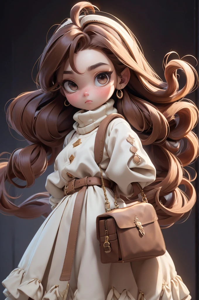 work of art, best qualityer, 8k, offcial art, cinematic light, ultra high resolution, 1 girl, sexly, mellow, standing alone, jewerly, aretes, cups, overskirt, long hair, duffel bag, looking ahead at viewer, hoop aretes, sweater, white sweater, chestnut hair, black eyes,brown background, jaket, brown overskirt, sleeves past the wrists, high collar, long sleeves, containment, brown jaket, brown nails, handduffel bag